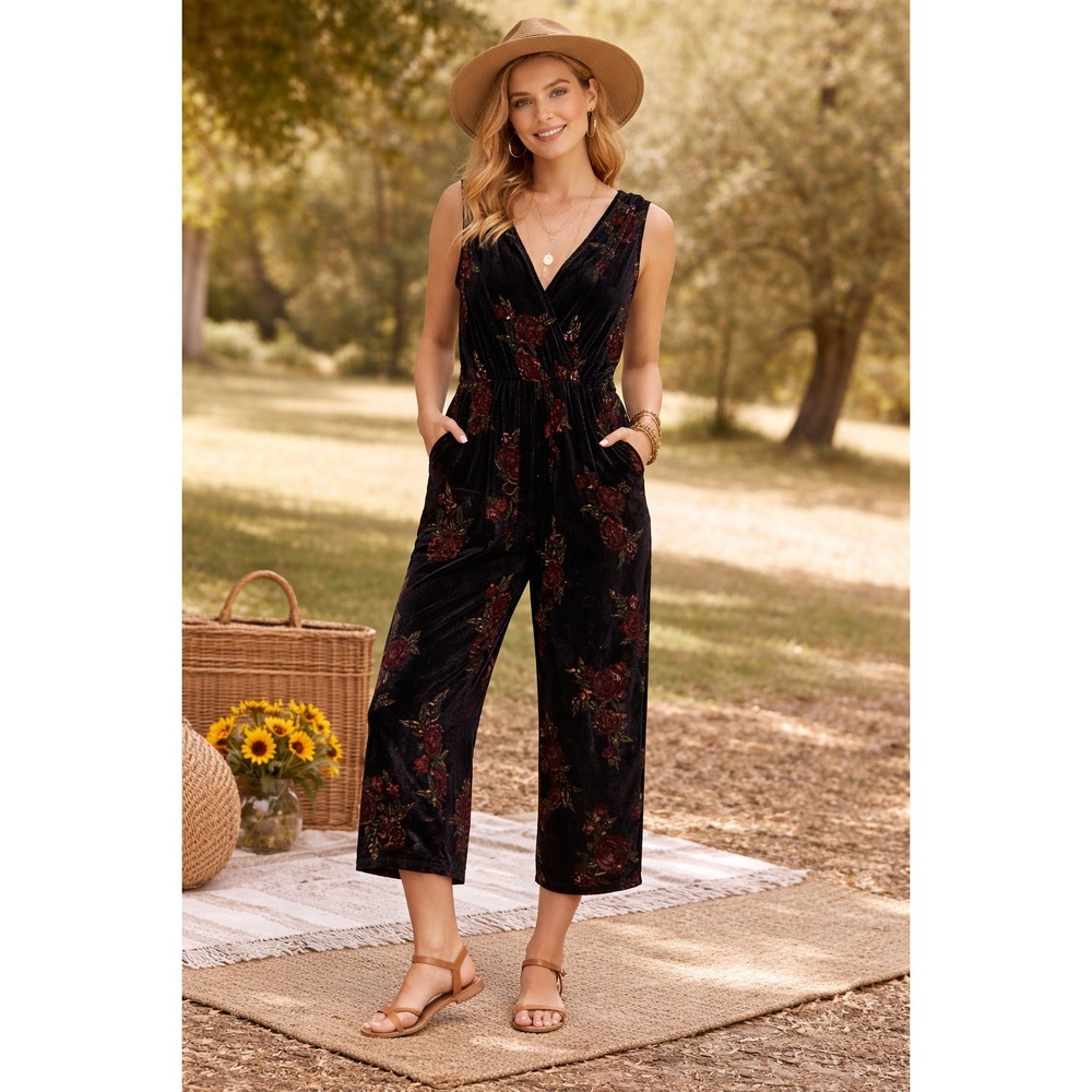 Love on a Hanger Jumpsuit Womens‎ Large Black Floral Velvet Pockets